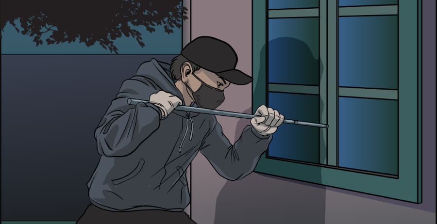 Illustration of burglar forcing entry through a window in Portland