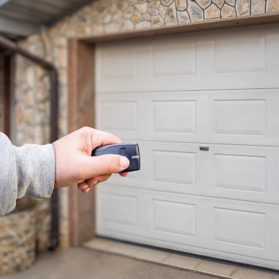 Portland security key fob pointing to a garage door